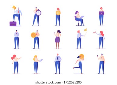 Office workers standing set. Success business people with money, briefcase, laptop, clock. Different activity of people doing business or job. Vector illustrations set isolated on white background.