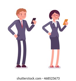 Office workers standing with smartphones. Men and women are in a formal wear. Cartoon vector flat-style business illustration