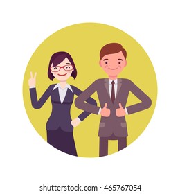 Office workers standing and smiling. Man and woman in a formal wear. Cartoon vector flat-style business concept illustration