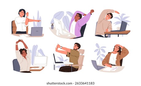 Office workers stretching, exercising at work desk set. Healthy people in chairs at computer tables, workplaces, break for neck, back pain relief. Flat vector illustration isolated on white background