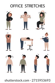 Oficinistas estirándose.  Ejercicios de estiramiento para aliviar el dolor de cuello. Anuncio médico o cartel. Ilustración vectorial.
