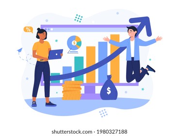 Office workers study infographics, analysis of evolutionary scale, network promotion, search for new solutions ideas. Flat abstract metaphor cartoon vector concept design isolated on white background
