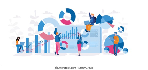 Office workers study infographics on a graph of columns, Vector illustration for web banner, infographics, mobile. 
Analyze the evolutionary scale, business negotiations, 

