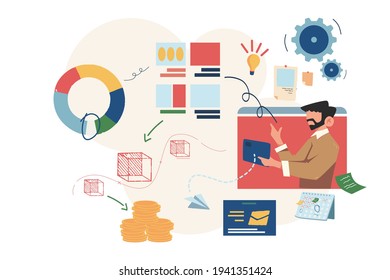 Büroangestellte studieren Infografiken auf einer Graphen-Analyse der Evolutionsskala