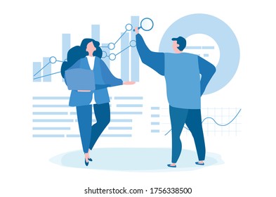 Office workers study infographics, Vector illustration for web banner, infographics, mobile.  Illustration of a business, graph of columns.