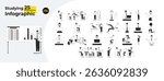Office workers studying and corporate training outline illustrations mega bundle. Analysis, presenting. Multicultural employees 2D linear images isolated. Collection black and white vector drawings