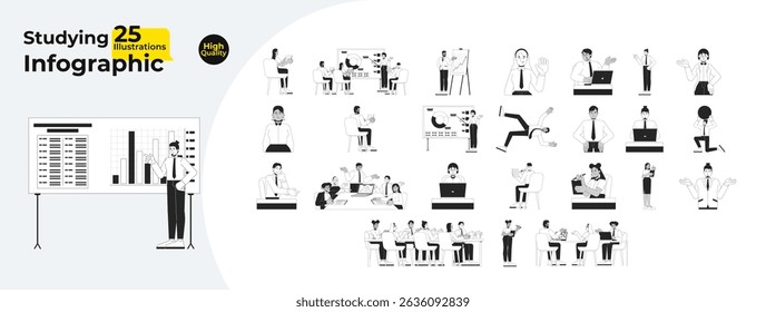 Trabalhadores de escritório estudando e treinamento corporativo esboço ilustrações pacote mega. Análise, apresentação. Imagens lineares 2D de funcionários multiculturais isoladas. Coleção de desenhos vetoriais em preto e branco