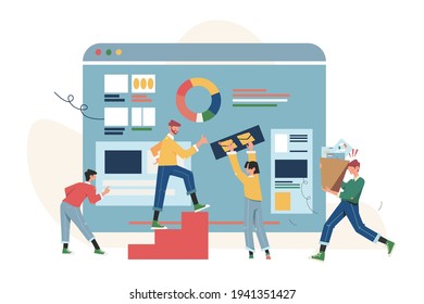 Los trabajadores de oficina están estudiando el análisis infográfico de la escala evolutiva