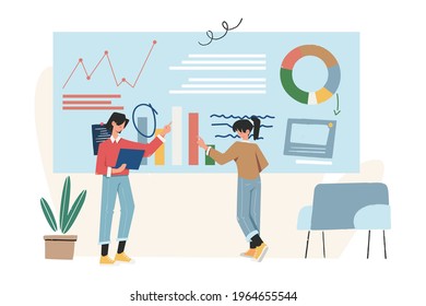 Los trabajadores de oficina están estudiando la infografía, el análisis de la escala evolutiva