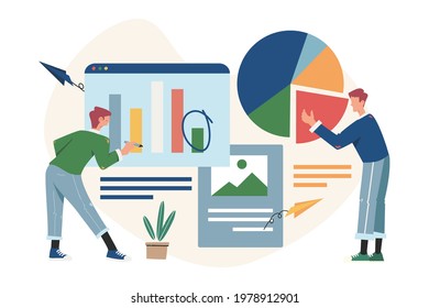 Office workers are studying the infographic, analysis of the evolutionary scale