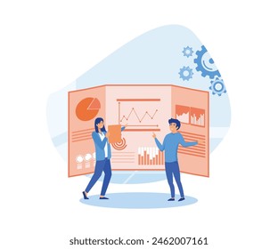 Office workers are studying the infographic, the analysis of the evolutionary scale. flat vector modern illustration 