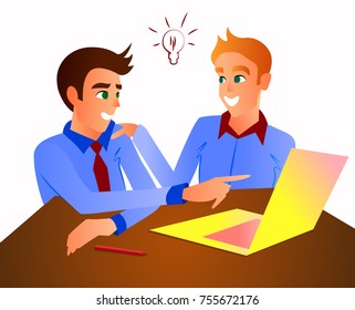 
Office workers at the table discuss business processes.