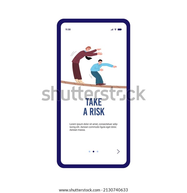 Office workers take risk and walk on\
tightrope, onboarding screen template - flat vector illustration.\
User interface design for app with men balancing on\
rope.