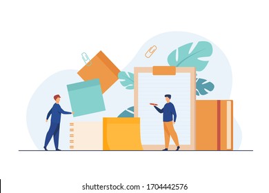 Office workers taking notes. Men sticking paper memos, writing in notepad with pencil, making checklist. Vector illustration for school supply, stationery, documents concept