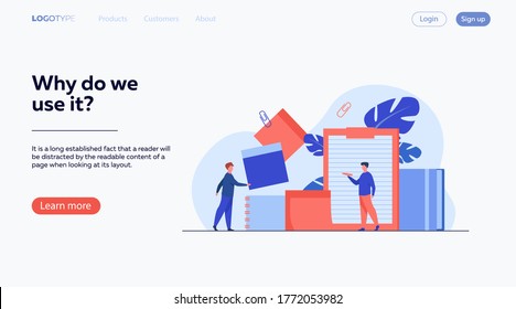 Office workers taking notes. Men sticking paper memos, writing in notepad with pencil, making checklist. Vector illustration for school supply, stationery, documents concept