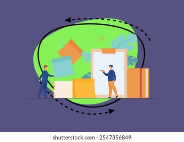 Office workers taking notes. Men sticking paper memos, writing in notepad with pencil, making checklist. Vector illustration for school supply, stationery, documents concept