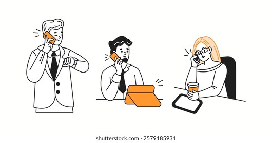 Office workers talk on phones solving work tasks color linear icons collection. Businesspeople use modern devices doodle characters on white