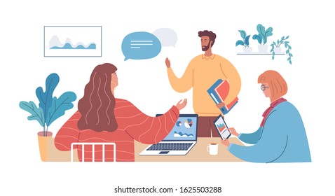 Office workers talking about business flat vector illustration