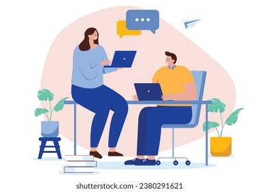 Office workers talking together - Relaxed man and woman in casual clothes working together talking and having conversation up close. Flat design vector illustration with white background