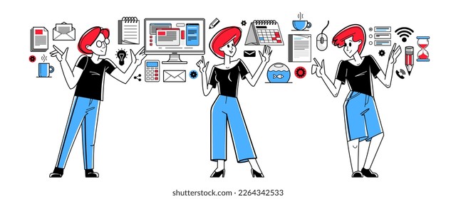 El equipo de trabajadores de oficina está haciendo la ilustración del esquema del vector de trabajo diario, carrera en la empresa para empleados, negocios y papeleo, gerentes.