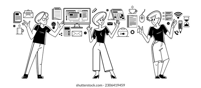 El equipo de trabajadores de oficina está haciendo la ilustración del esquema del vector de trabajo diario, carrera en la empresa para empleados, negocios y papeleo, gerentes.