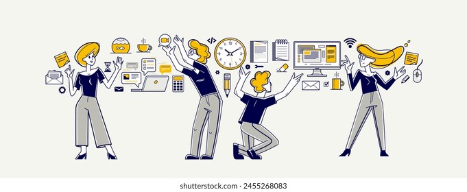 Office workers team doing everyday job vector outline illustration, career in company for employees, business and paperwork, managers.