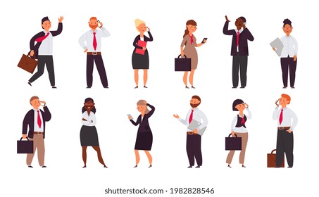 Office Workers Team. Man Talk Phone, Enjoy Company Employee. Cartoon Smiling Angry Business People, Students Teachers Decent Vector Characters