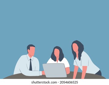 Office workers. Teamwork concept. Young woman is working on laptop. Other employees are standing and sitting near her. Funky flat style. Vector illustration.