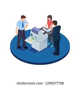 Office workers are testing a new printer isometric vector concept