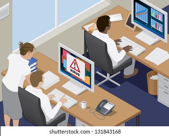 Office workers at their computer workstations. Isometric vector of computer operators in an office.