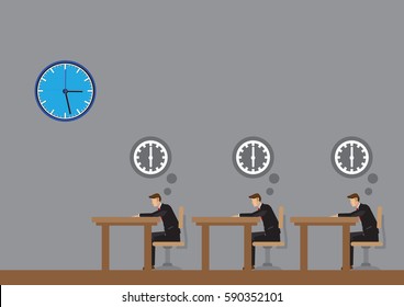 Office workers thinking about 6pm for knock off at end of work day. Cartoon vector illustration on office life of business professionals. 