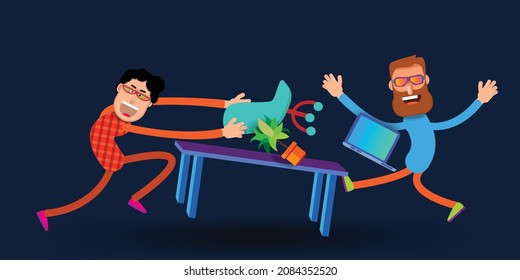 Office workers throw furniture and rejoice. Vector banner