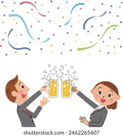 Office workers toasting with beer and confetti