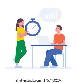Office workers with tracker vector illustration. Two flat characters - young woman with giant tracker and men with laptop  - isolated on white. Work time tracking, productivity, work life balance conc