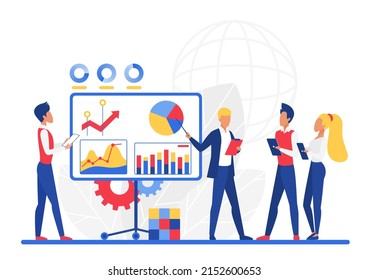 Office workers training session on analytics bord information. Development and instruction data analysis trainer