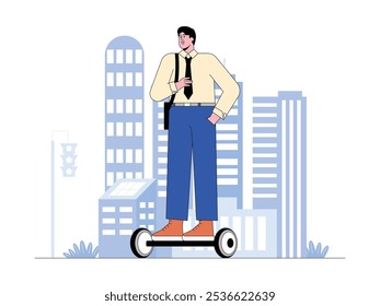 Trabalhadores de escritório usam hover board como transporte para ir e voltar do trabalho, ilustração vetorial da vida urbana moderna.