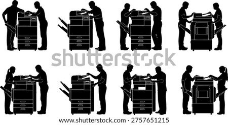 Office workers using photocopier machine silhouette set, business people printing and scanning documents, workplace productivity concept, modern equipment operation vector illustration isolated on white.