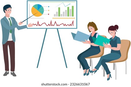 Office workers. Vector illustration. A business person builds strong relationships with clients and partners The office workplace encourages open communication business presentation Teamwork enhances