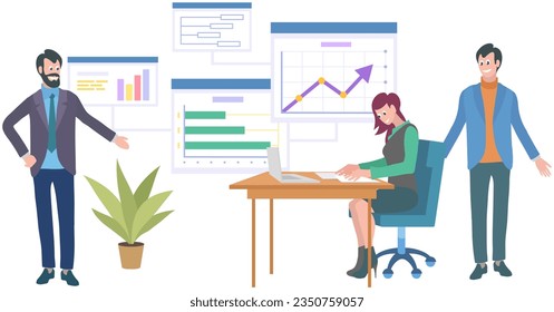 Office workers. Vector illustration. A business person stays updated on industry trends and market conditions The office workplace fosters collaboration and knowledge sharing Teamwork promotes synergy