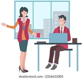Office workers. Vector illustration. Teamwork essential for achieving shared goals and objectives A team meeting fosters collaboration and ideexchange among colleagues Office workers communicate