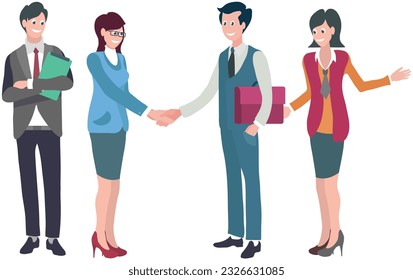 Office workers. Vector illustration. Teamwork strengthens relationships and builds trust among colleagues In team meeting, feedback shared and constructive discussions take place Office workers