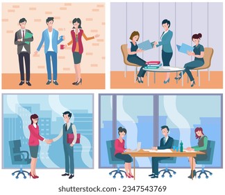 Office workers. Vector illustration. Teamwork promotes synergy and collective achievement of goals In team meeting, challenges are addressed and solutions are proposed Office workers adapt to changing