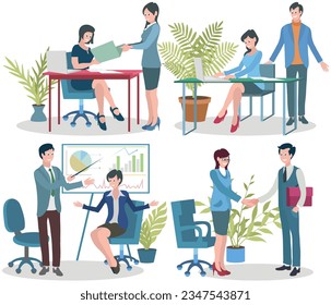 Office workers. Vector illustration. Teamwork cultivates supportive and collaborative work environment In team meeting, goals and targets are discussed and aligned Office workers utilize technology