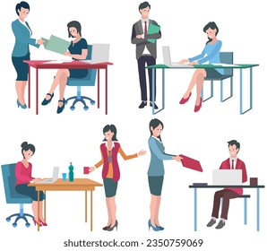 Office workers. Vector illustration. Teamwork essential for achieving shared goals and objectives A team meeting fosters collaboration and ideexchange among colleagues Office workers communicate