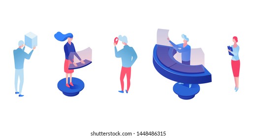 Office workers vector isometric characters set. Male, female employees at futuristic workplace cartoon characters. Secretary, receptionist at augmented reality helpdesk, international market expert