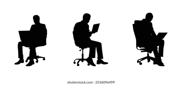Office workers vector set on white background. Work space at the table with a laptop. Flat work computer vector