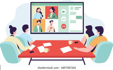 Office workers at the video conference with coffee. Flat design illustration. Vector