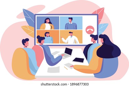 Office workers at the video conference with laptops. Flat design illustration. Vector