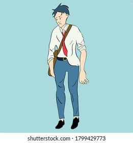 Office workers walk tired and sad. The clothes are shabby and dirty