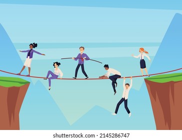 Office Workers Walking On The Rope, Abstract Concept Of Business Balance, Flat Vector Illustration. Tightrope Between Cliffs. People Falling Off The Rope. Competition, Challenges And Success.